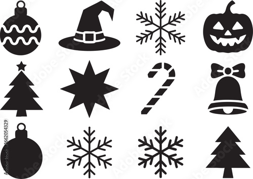 Collection of Christmas and Halloween icons symbol, christmas, halloween, icon, symbol, graphic, design, illustration, vector, silhouette, bauble, ornament, tree, snowflake, candy cane, bell, bow, wit