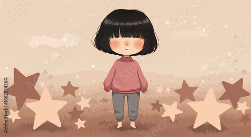 Cute Girl Standing Among Shimmering Stars in a Dreamlike Setting