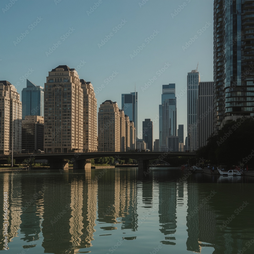 Fototapeta premium Modern City Skyline with River Reflection