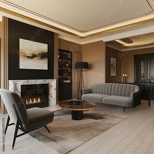 Art deco interior design of a modern living room, home with a fireplace and a black wall.