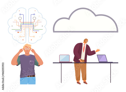 Man wearing glasses brainstorming with neural connections merging into cloud nearby, businessman gives a presentation with laptops. Ideal for technology, brainstorming, innovation, cloud computing