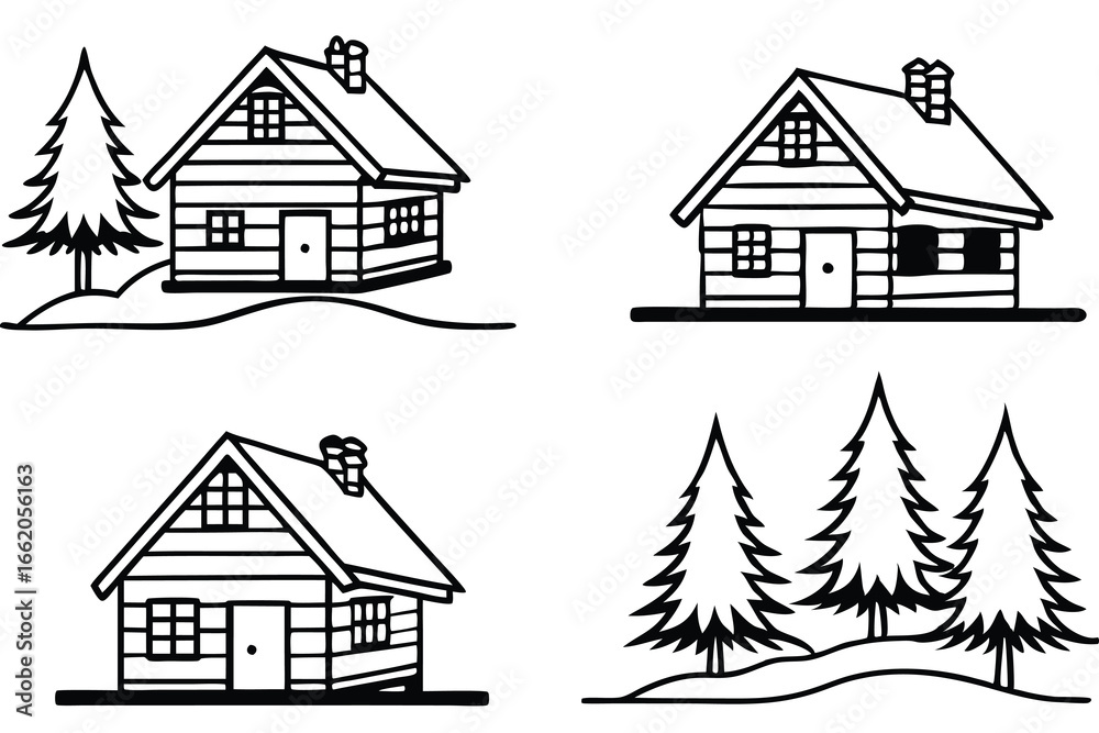 Fototapeta premium Cozy Cabin in Snow – Line Art