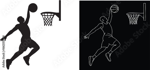 Contrast Silhouettes of Basketball Players Dunking

