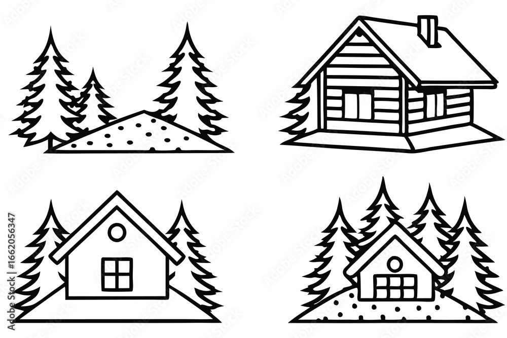 Naklejka premium Cozy Cabin in Snow – Line Art