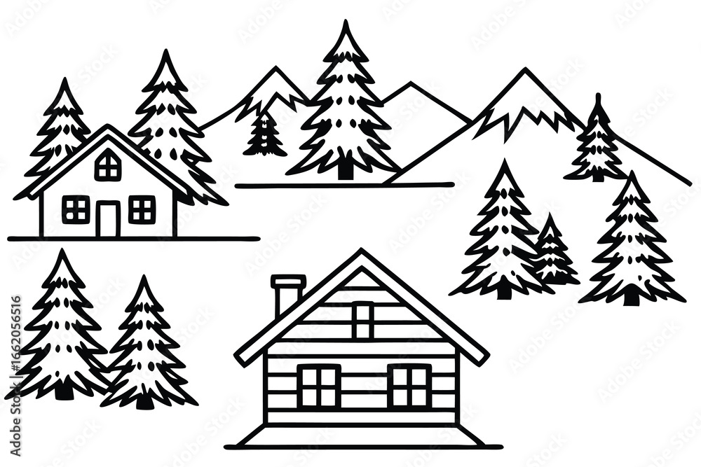 Obraz premium Cozy Cabin in Snow – Line Art