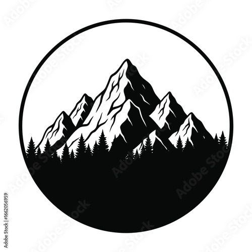Mountain landscape within circular frame for hikers travelers and outdoor lifestyle wall prints and merchandise