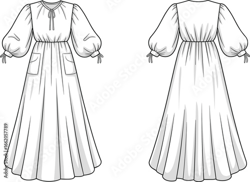 Technical flat sketch of gathered waist maxi dress with puff sleeves, tie cuffs, and patch pockets, front and back view.