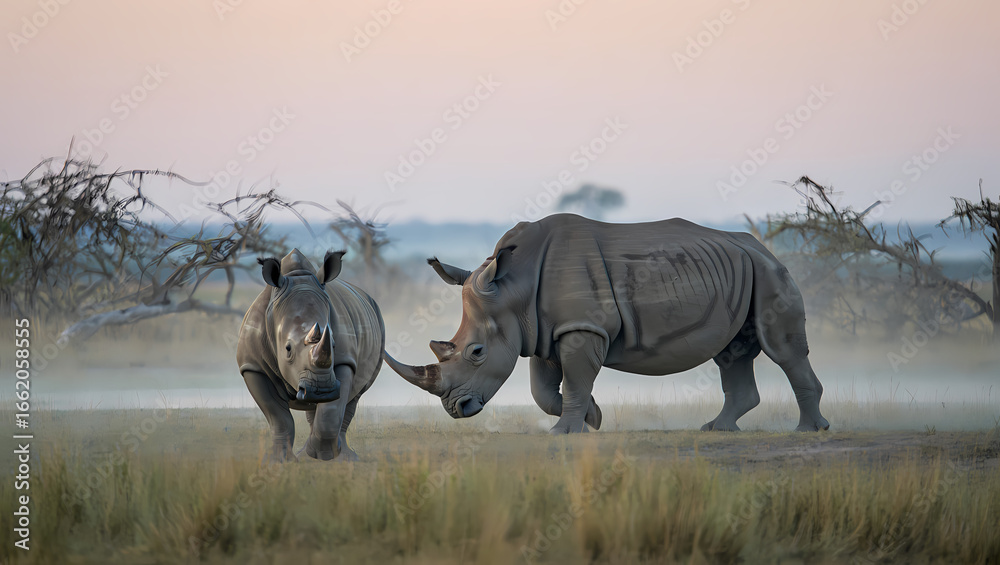 Fototapeta premium Photo of two rhinoceroses standing in a grassy field with trees in the background during a misty morning