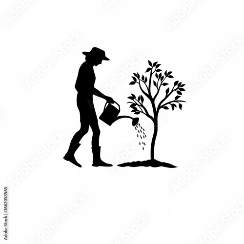 Farmer carrying watering can, pouring water gently on sapling silhouette on white background.