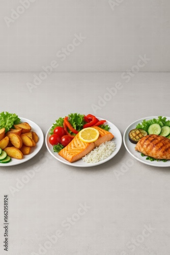 Assorted healthy meals with grilled chicken salmon potatoes rice and fresh vegetables served on white plates top view