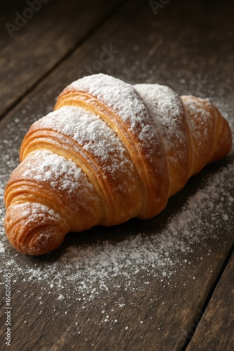 Golden flaky croissant with powdered sugar on rustic wooden table close up view of fresh baked french pastry