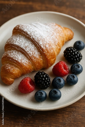 Fresh buttery croissant with powdered sugar served on plate with blueberries raspberries and blackberries on wooden table
