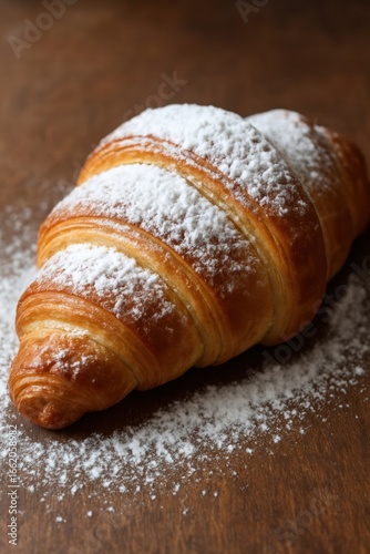 Golden flaky croissant with powdered sugar on rustic wooden table close up view of fresh baked french pastry