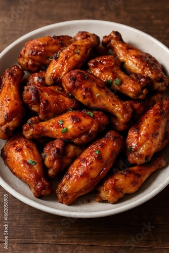 Plate of spicy glazed chicken wings served on wooden table, close up view of delicious crispy appetizer with sauce
