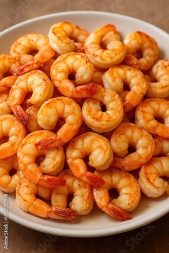 Plate of cooked shrimp with a light seasoning served on a white dish
