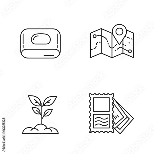 Collection of Solo Activities-themed icons, including A bar of soap for a bath, a map with a location pin, a seedling, a collection of stamps