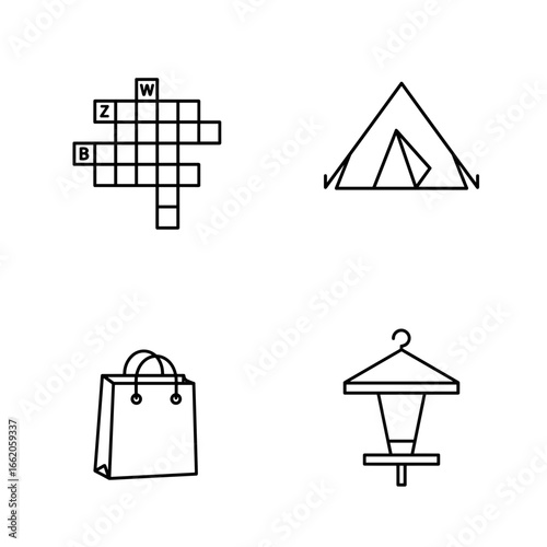 Collection of Solo Activities-themed icons, including A crossword puzzle, a tent, a shopping bag, a bird feeder