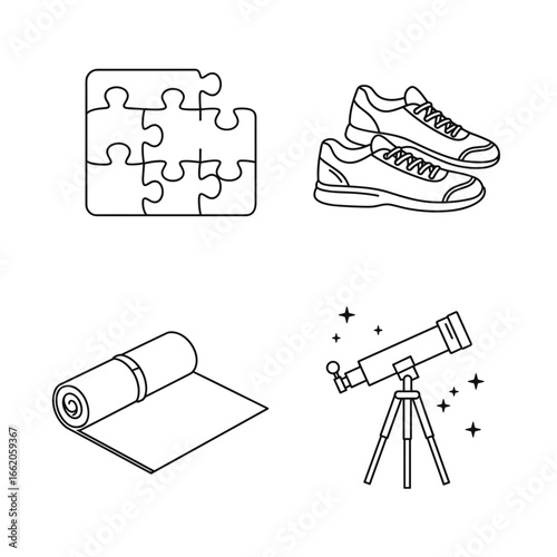 Collection of Solo Activities-themed icons, including A puzzle piece, running shoes, a yoga mat, a stargazing telescope