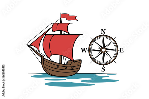 Cartoon Illustration of a Majestic Sailing Ship on Sunny Seas