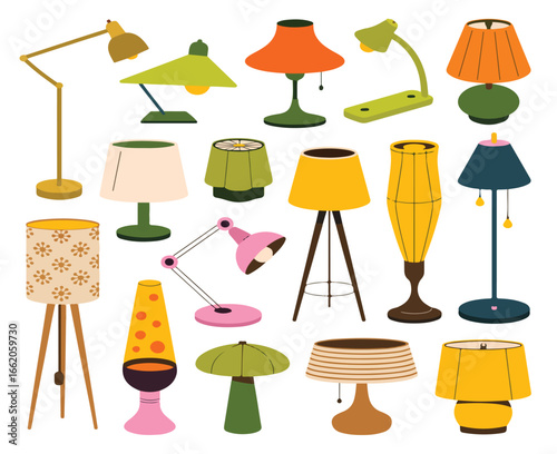 Vector illustration of a set of party clothes and a collection of home furniture and decor icons