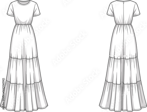 Fashion technical flat sketch of women's short sleeve tiered maxi dress front and back view, garment design illustration template