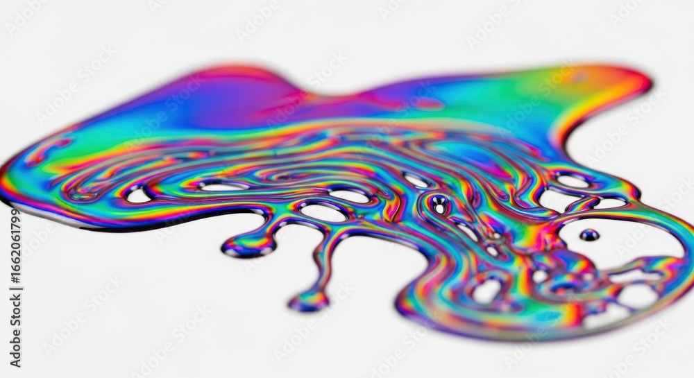 Fototapeta premium Iridescent multicolored fluid abstractly spills on a neutral surface, creating vibrant swirling patterns