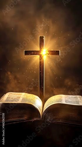 Golden cross on bible with glowing light symbol of faith