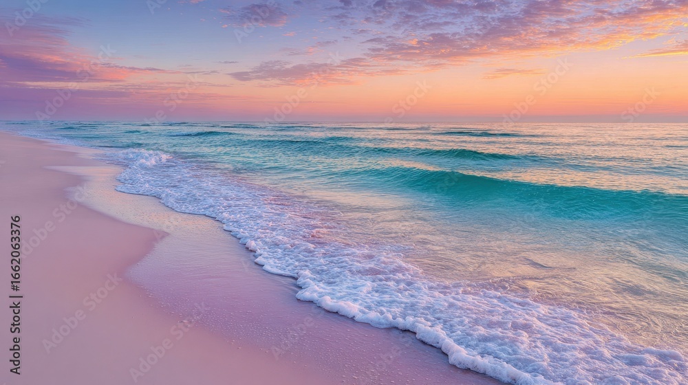 Fototapeta premium Beach scene during a vibrant sunset, waves rolling in, for tourism promotion