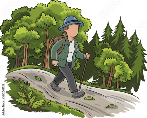 Hiker with a Stick on a Forest Path Illustration. Cartoon Style Vector Illustration