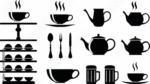Coffee and Tea Set Silhouette with Cups and Teapots