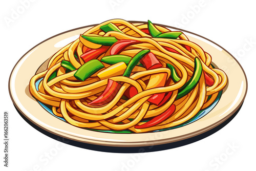 Plate of Noodles with Vegetables Illustration