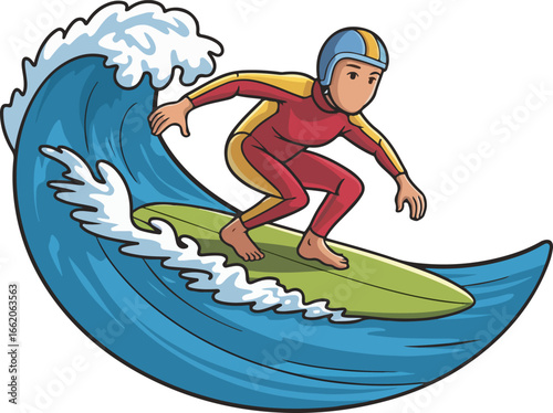 Surfer Riding a Wave in a Wetsuit Illustration. Cartoon Style Vector Illustration of Surfing 