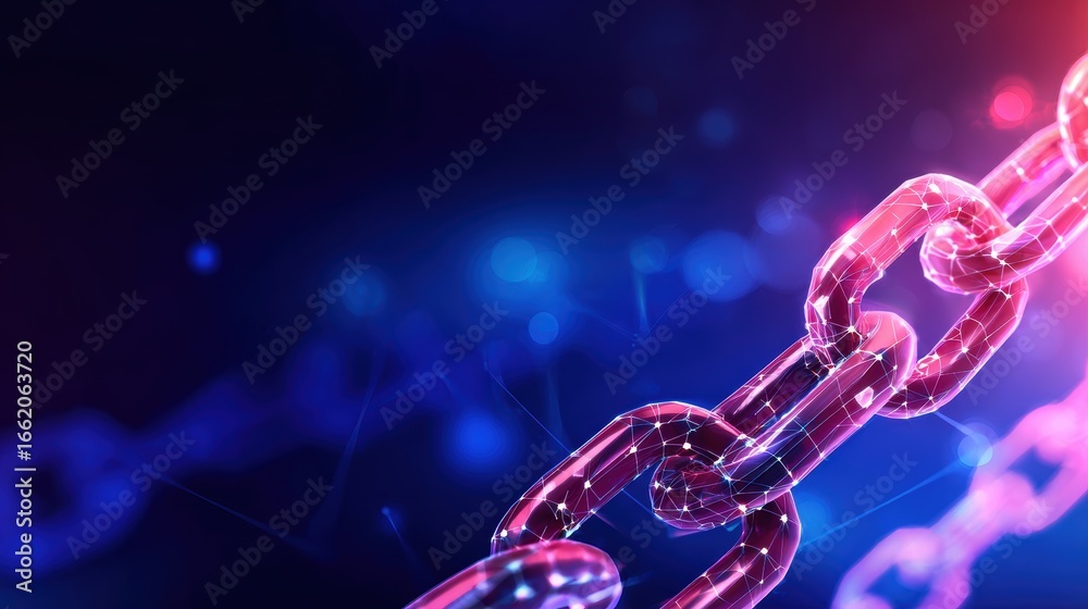 Fototapeta premium Close-up of a glowing digital chain link symbolizing connectivity and security in a futuristic setting