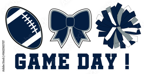 Cheerleading Game Day illustration. Dark Blue and Grey Pom-poms, a Football and a Cheerleader Bow. Vector cheerleading illustration.