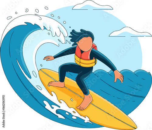 Cartoon Style Vector Illustration of Person Surfing on a Big Wave