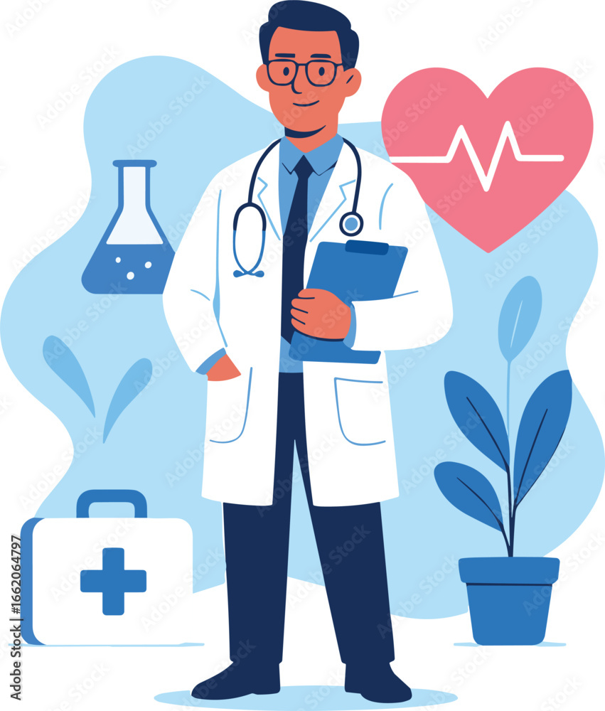 Obraz premium Flat vector illustration of a doctor standing confidently, wearing a white coat and stethoscope, holding a clipboard. 