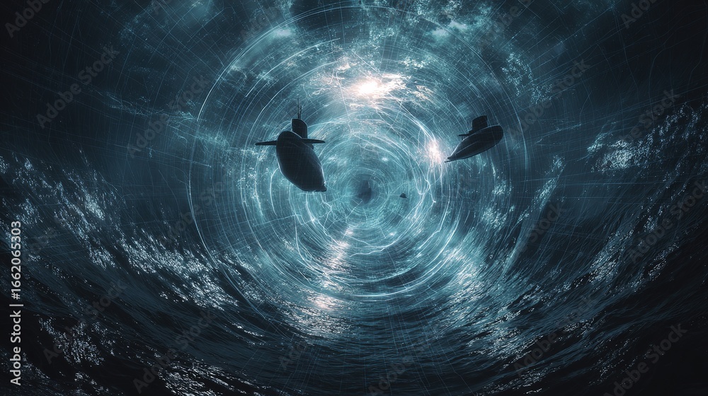 Naklejka premium Glowing wormhole tunnel through ocean depths, featuring ghostly submarine silhouettes in an engineering marvel.