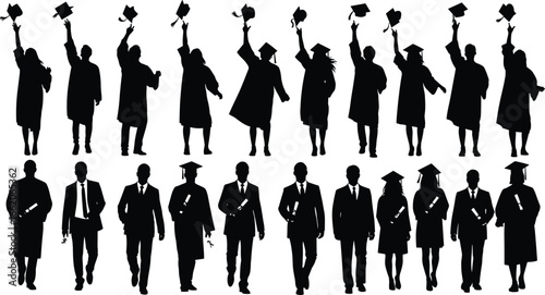 Graduation and career silhouettes, academic success, professional achievement, diploma celebration, business attire, education milestone, career growth, vector illustration, success concept