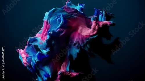 Abstract swirling shapes of vibrant pink and blue colors against a dark background