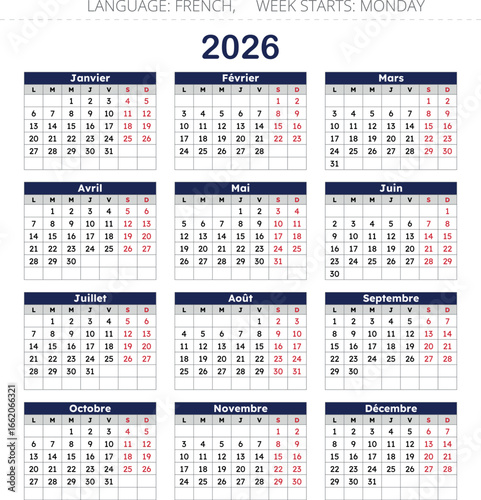 Calendrier 2026 en langue française, design élégant et minimaliste, douze mois, parfait pour impression et usage numérique
