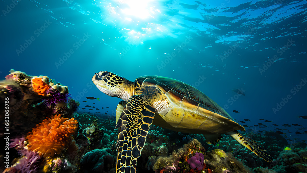 Fototapeta premium Photo of sea turtle swimming in the ocean near coral reef with sunlight shining through the water