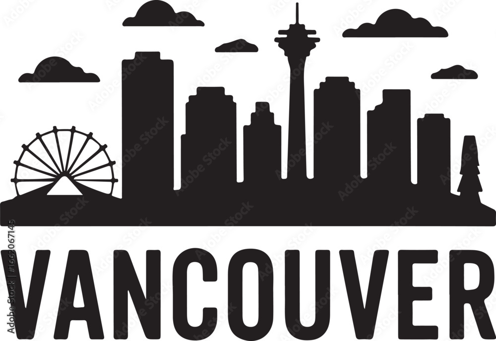 Naklejka premium Vancouver Skyline and Landmarks Silhouette | Black Vector Design on White Background, Minimal Style