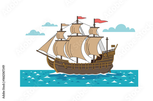 Cartoon Illustration of a Majestic Sailing Ship on Sunny Seas