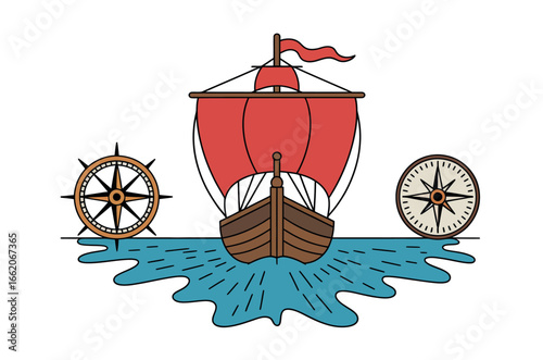 Cartoon Illustration of a Majestic Sailing Ship on Sunny Seas
