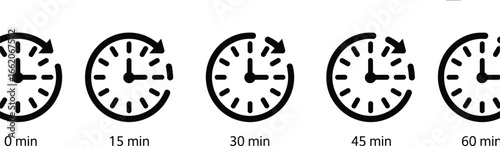 Clock icons with time intervals, vector countdown set, 0 to 60 minutes, time tracking symbols, productivity UI elements, scheduling infographic design