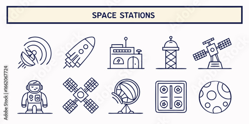 Collection of 40 minimal line icons representing space exploration and celestial objects