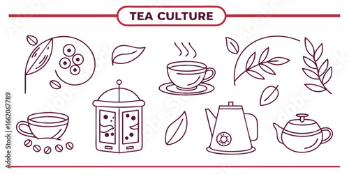 Minimal line icons for tea lovers cups leaves and brewing