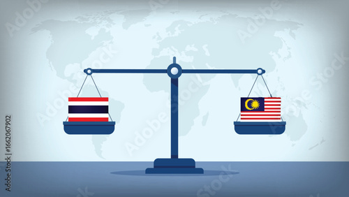Balance Scale with Malaysia vs Thailand Flags , International Relations and Global Trade Concept Vector