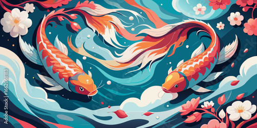 Abstract colorful background with cartoon fish and flowers in the ocean, a whimsical vector illustration of nature's vibrant art