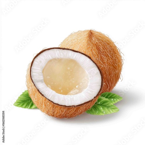 Coconut: A fresh, ripe coconut with one half sliced open, showcasing its refreshing, creamy white interior and the refreshing coconut water, presented alongside its husk and vibrant green leaves.